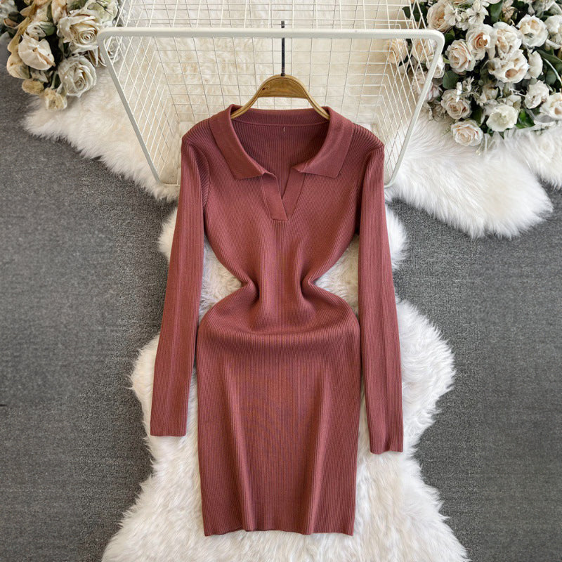 Women's Knitted Dress - Ribbed Bodycon - Collared V-Neck - Long Sleeve Knee-Length