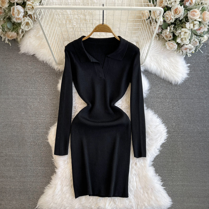 Women's Knitted Dress - Ribbed Bodycon - Collared V-Neck - Long Sleeve Knee-Length
