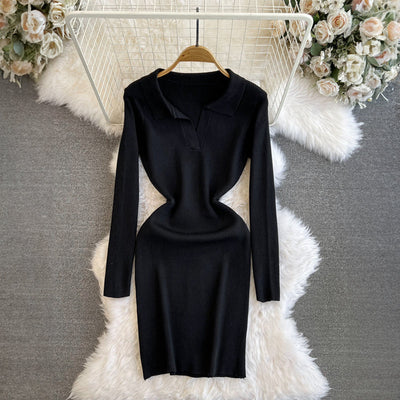 Women's Knitted Dress - Ribbed Bodycon - Collared V-Neck - Long Sleeve Knee-Length