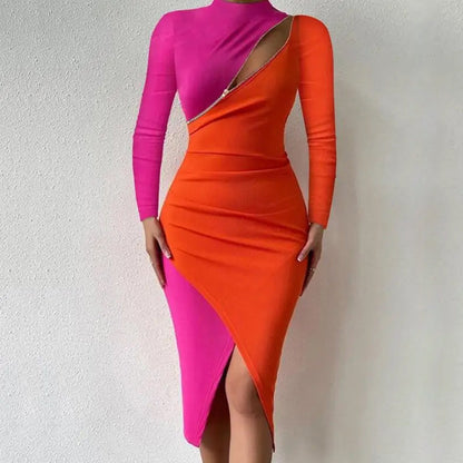 Women's Bodycon Dress - Asymmetrical Cut-Out - Long Sleeve - Midi Length Elegant Fit