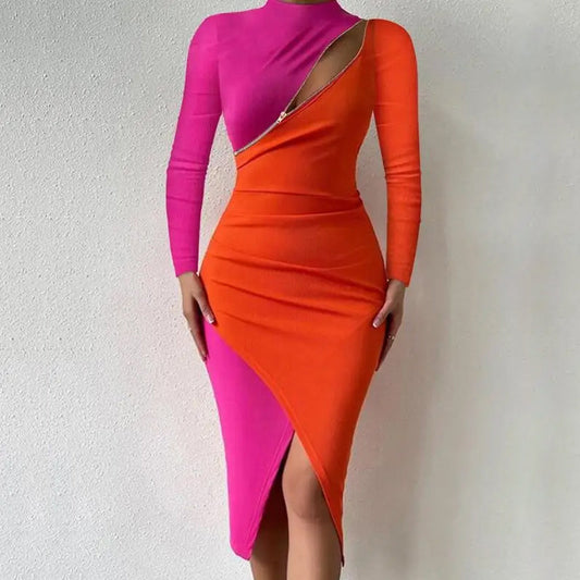 Women's Bodycon Dress - Asymmetrical Cut-Out - Long Sleeve - Midi Length Elegant Fit