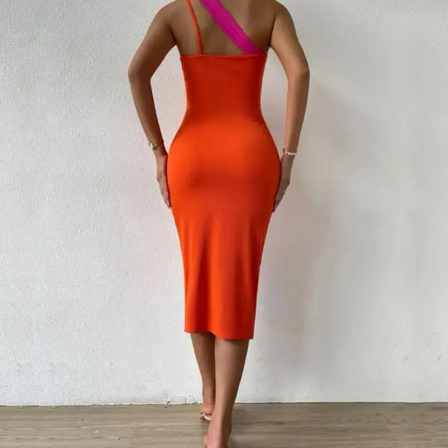 Women's Bodycon Dress - Asymmetrical Cut-Out - Long Sleeve - Midi Length Elegant Fit