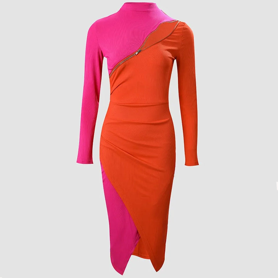 Women's Bodycon Dress - Asymmetrical Cut-Out - Long Sleeve - Midi Length Elegant Fit