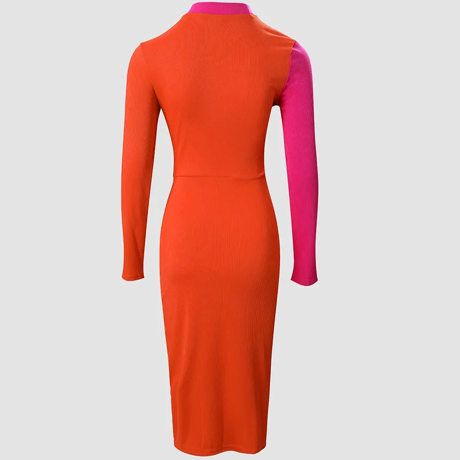 Women's Bodycon Dress - Asymmetrical Cut-Out - Long Sleeve - Midi Length Elegant Fit