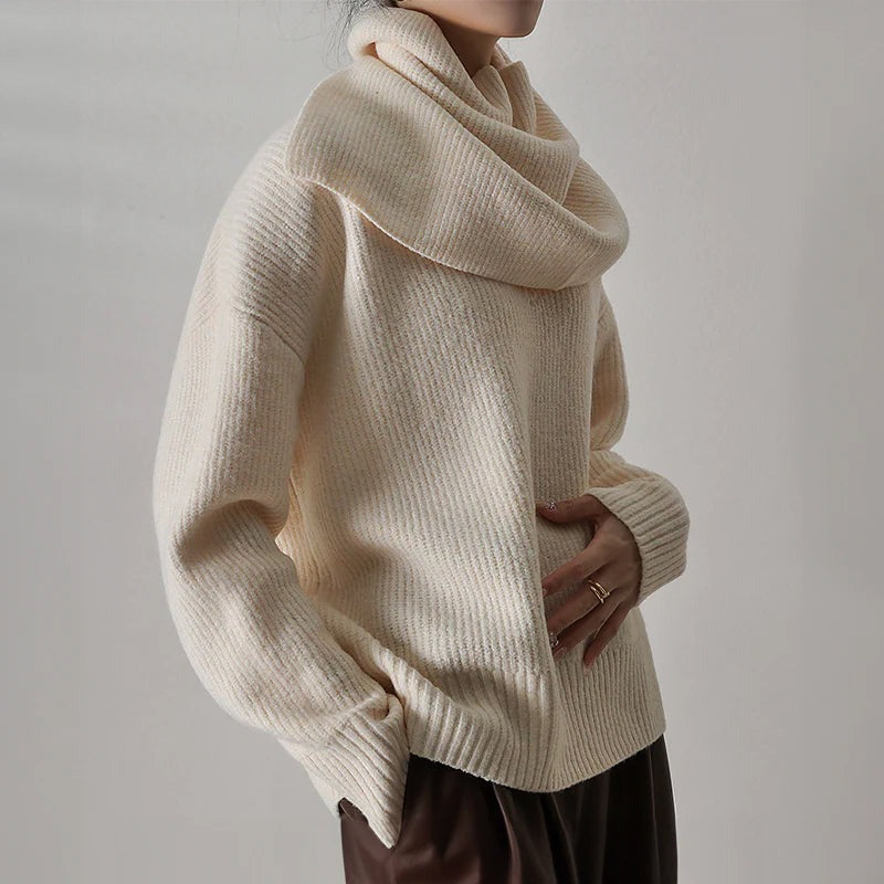 Women's sweater with knitted scarf