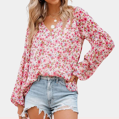 Women's Floral Blouse - V-Neck - Long Sleeve - Loose Fit - Lightweight Breathable Fabric