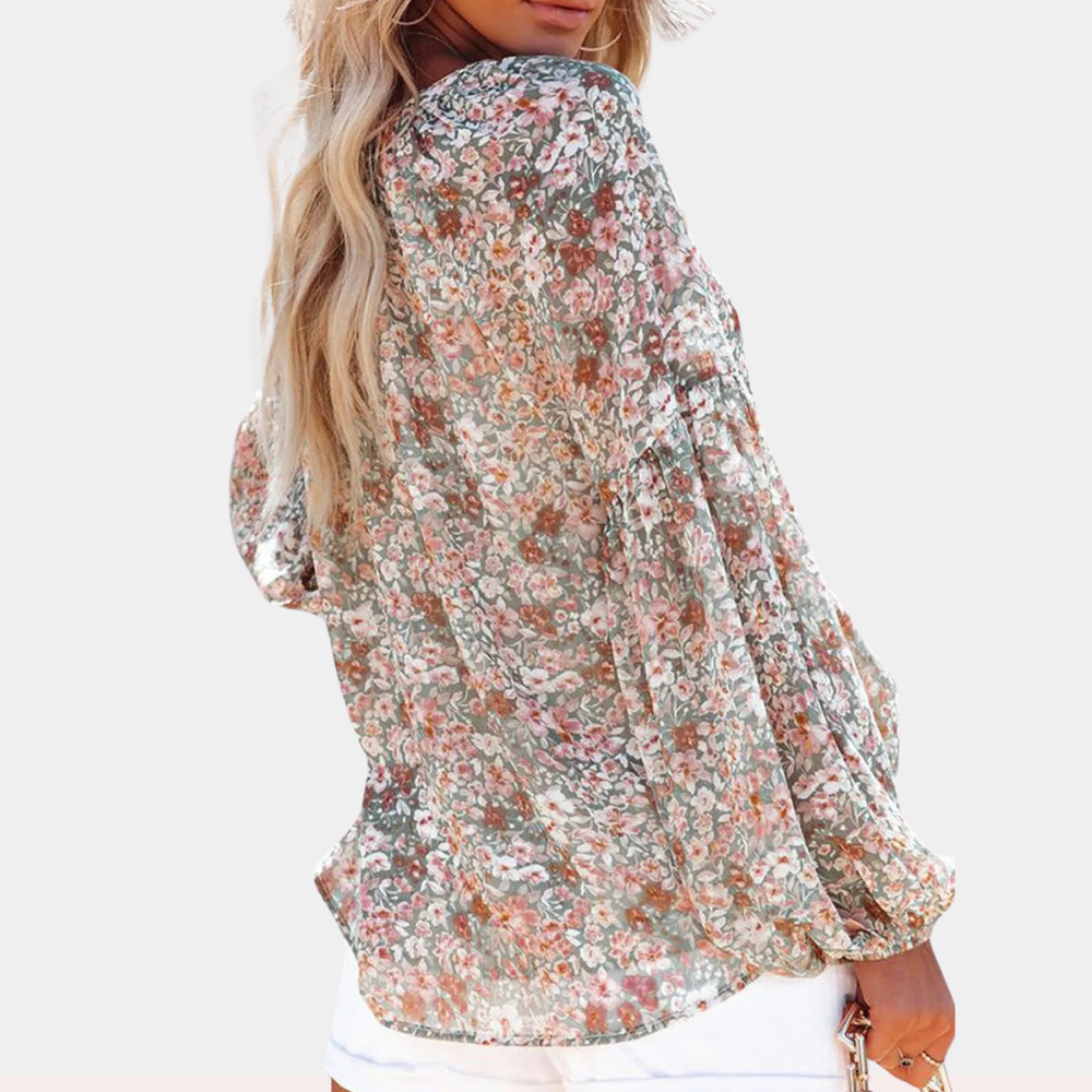 Women's Floral Blouse - V-Neck - Long Sleeve - Loose Fit - Lightweight Breathable Fabric