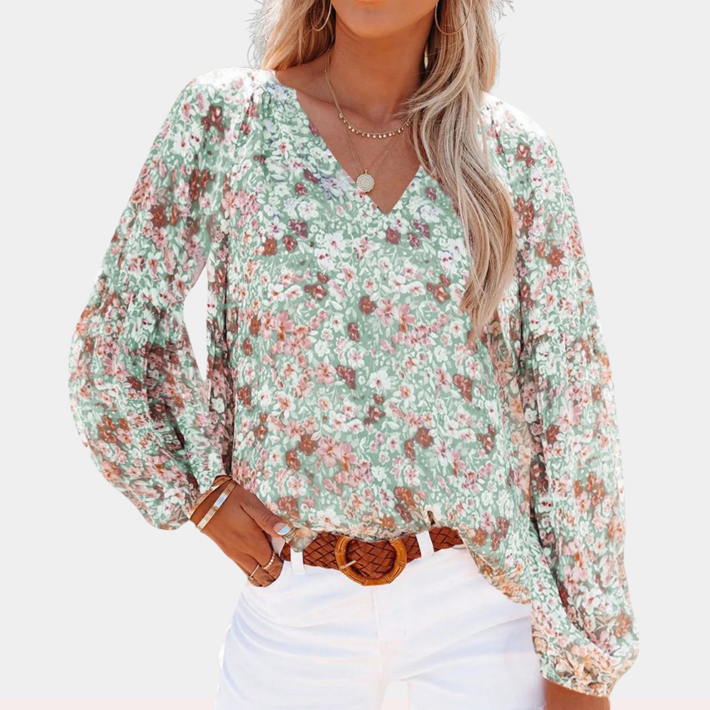 Women's Floral Blouse - V-Neck - Long Sleeve - Loose Fit - Lightweight Breathable Fabric