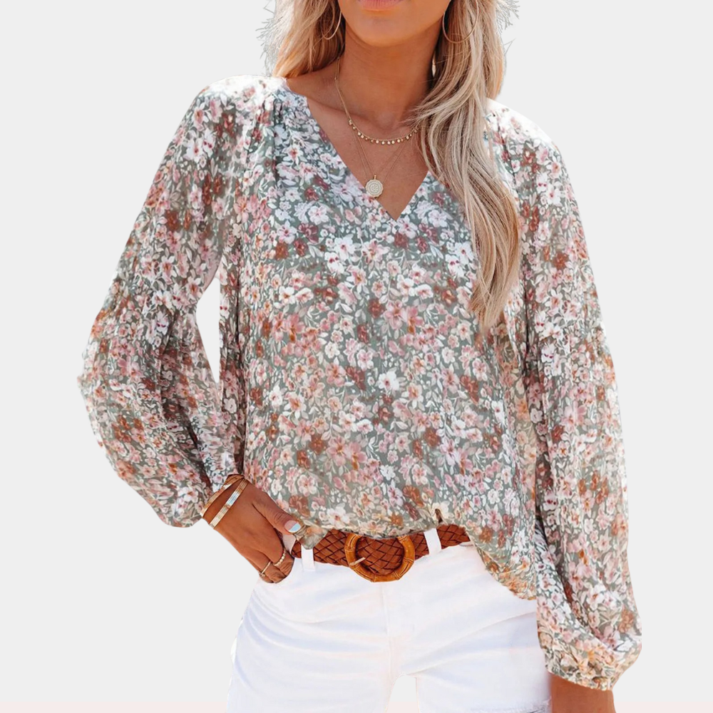 Women's Floral Blouse - V-Neck - Long Sleeve - Loose Fit - Lightweight Breathable Fabric