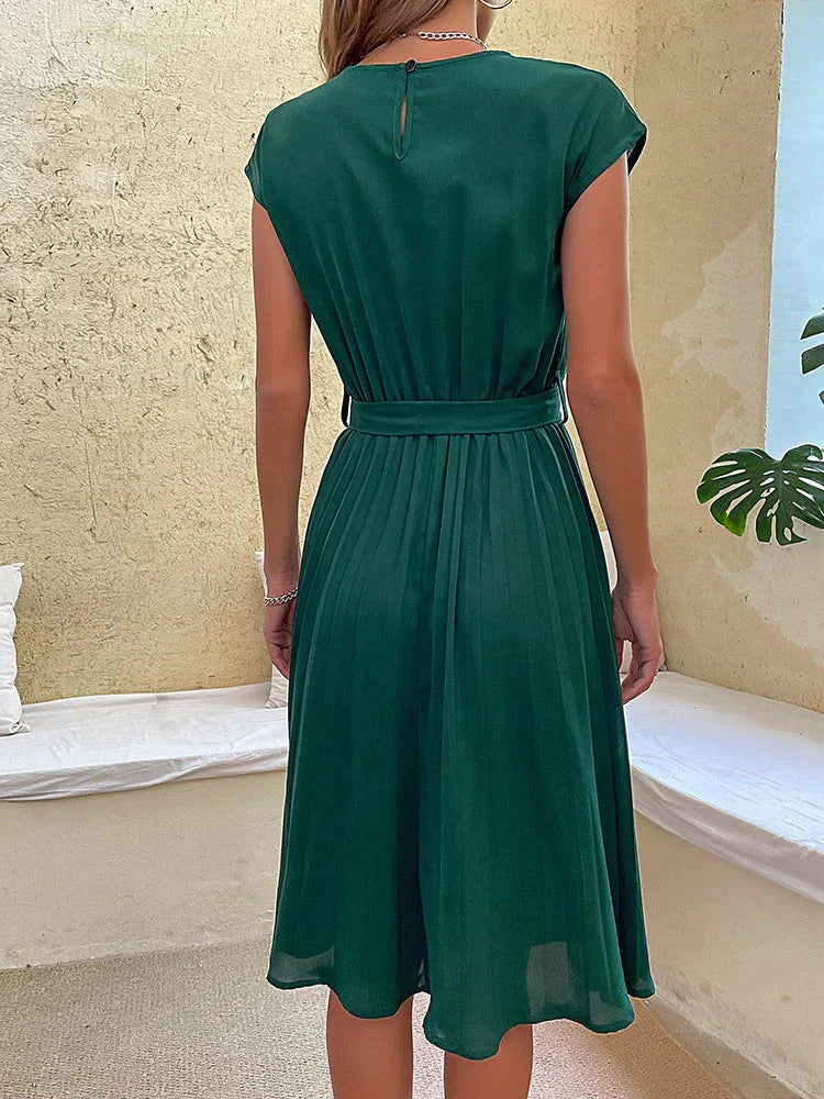 Women's Midi Dress - Pleated Skirt - Cap Sleeves - Round Neck - Tie Waist Elegant Fit