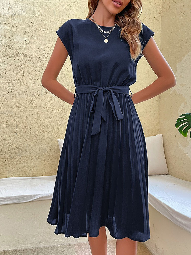 Women's Midi Dress - Pleated Skirt - Cap Sleeves - Round Neck - Tie Waist Elegant Fit