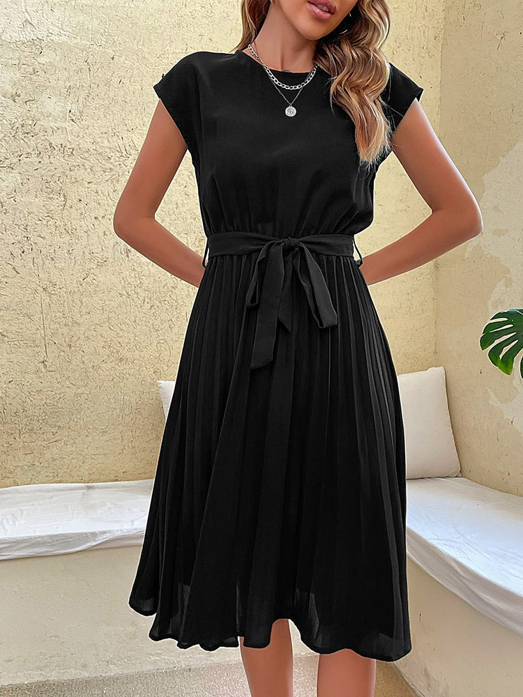 Women's Midi Dress - Pleated Skirt - Cap Sleeves - Round Neck - Tie Waist Elegant Fit