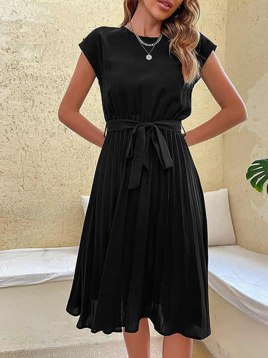 Women's Midi Dress - Pleated Skirt - Cap Sleeves - Round Neck - Tie Waist Elegant Fit