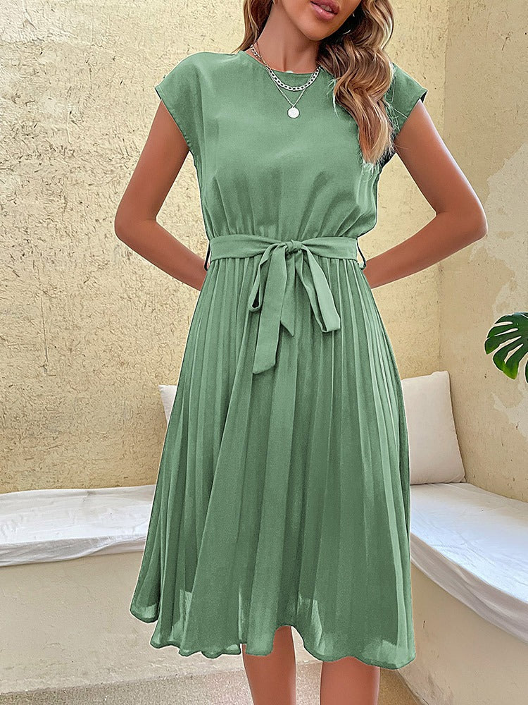 Women's Midi Dress - Pleated Skirt - Cap Sleeves - Round Neck - Tie Waist Elegant Fit