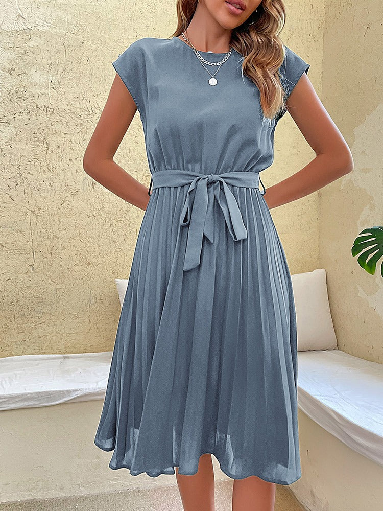 Women's Midi Dress - Pleated Skirt - Cap Sleeves - Round Neck - Tie Waist Elegant Fit