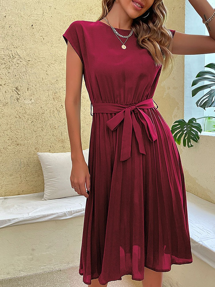 Women's Midi Dress - Pleated Skirt - Cap Sleeves - Round Neck - Tie Waist Elegant Fit