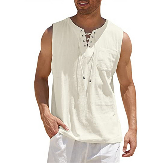 Men’s Sleeveless Shirt – Relaxed Fit – Breathable Blend – Lace-Up Front – Casual Wear