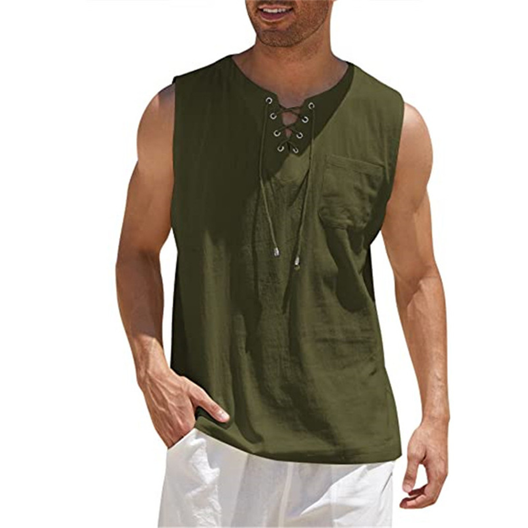 Men’s Sleeveless Shirt – Relaxed Fit – Breathable Blend – Lace-Up Front – Casual Wear