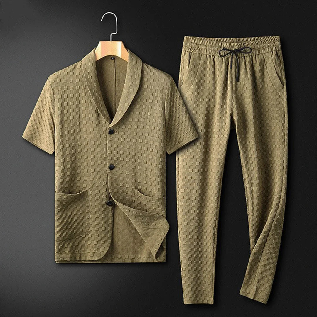 Men’s Lounge Set – Relaxed Fit – Breathable Blend – Shawl Collar Shirt with Drawstring Pants