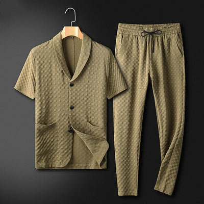 Men’s Lounge Set – Relaxed Fit – Breathable Blend – Shawl Collar Shirt with Drawstring Pants