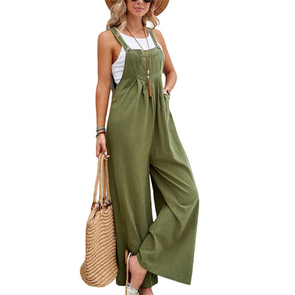 Women's Jumpsuit - Lightweight Linen Cotton - Sleeveless Wide-Leg - Adjustable Straps