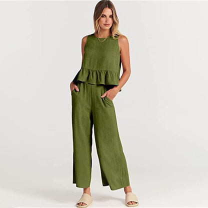 Women's sleeveless top with ruffles and wide-leg pants set