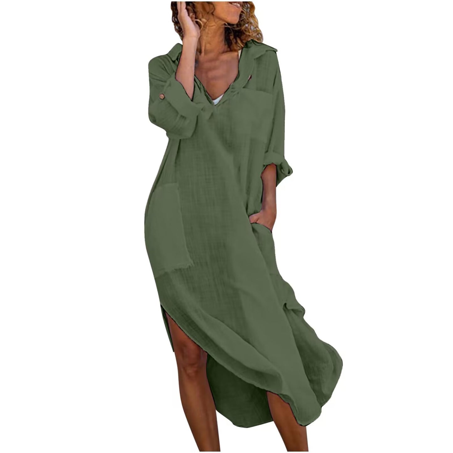Women's Shirt Dress - Cotton - Relaxed Fit - Button Front - Long Flowing Style