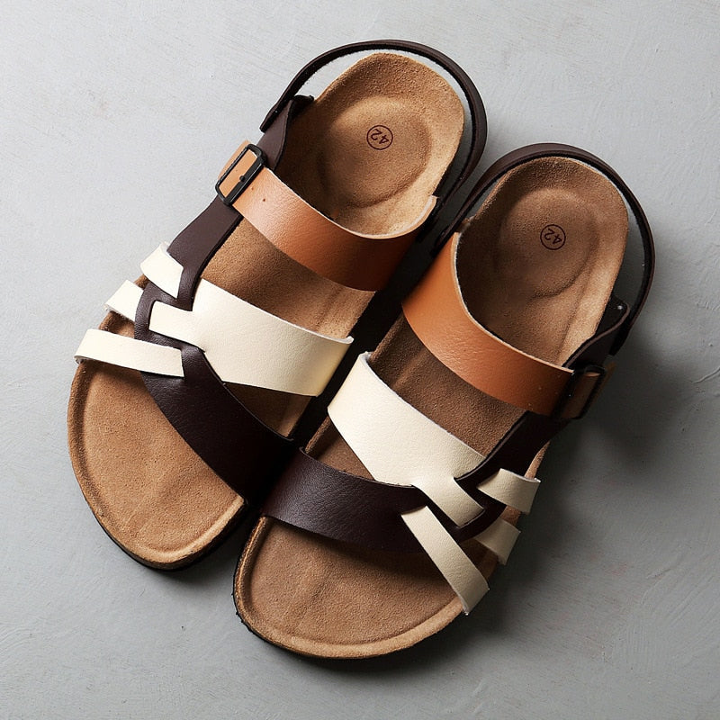 Men’s Leather Sandals - Multi-Strap Design - Cushioned Footbed - Adjustable Buckle