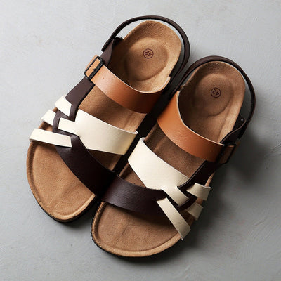 Men’s Leather Sandals - Multi-Strap Design - Cushioned Footbed - Adjustable Buckle