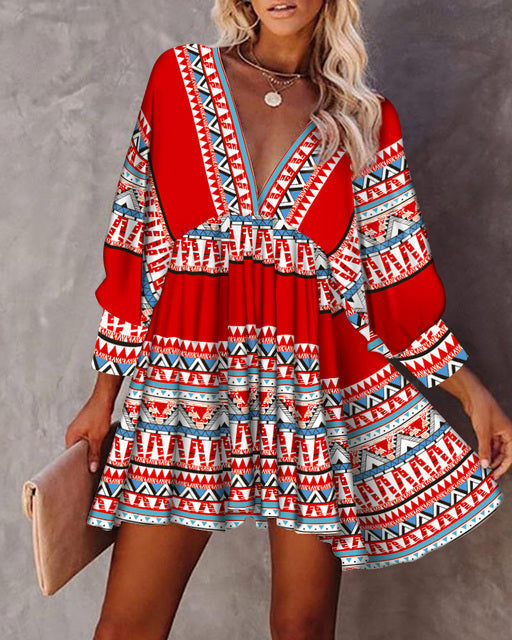 Women's Bohemian Dress - Deep V-Neck - Long Sleeve - Flowy Lightweight Fit