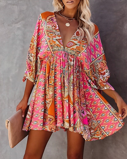 Women's Bohemian Dress - Deep V-Neck - Long Sleeve - Flowy Lightweight Fit