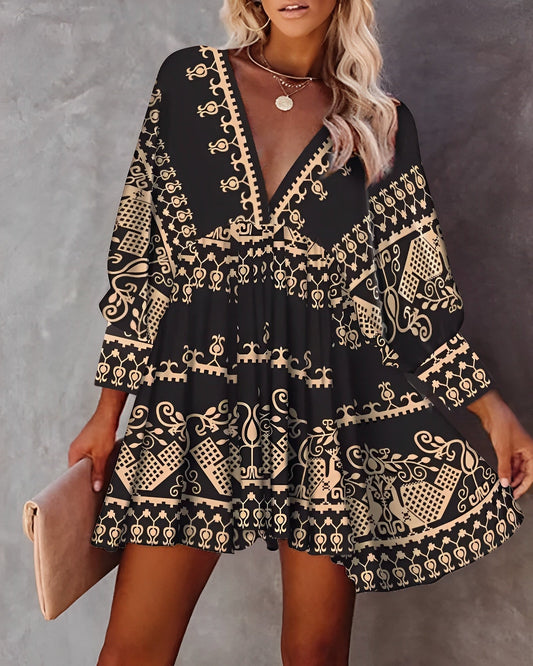 Women's Bohemian Dress - Deep V-Neck - Long Sleeve - Flowy Lightweight Fit