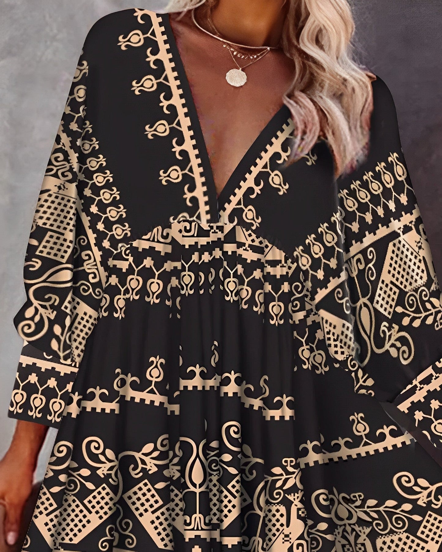 Women's Bohemian Dress - Deep V-Neck - Long Sleeve - Flowy Lightweight Fit