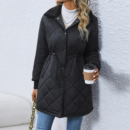 Women's long winter coat with button closure, waist tie, and straight cu