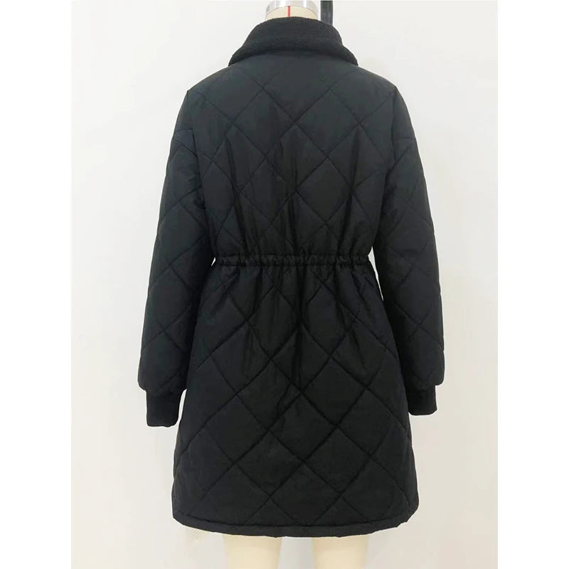 Women's long winter coat with button closure, waist tie, and straight cu