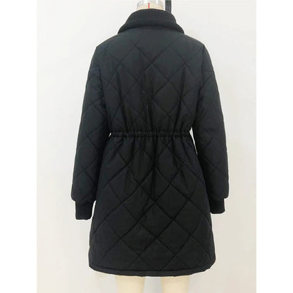 Women's long winter coat with button closure, waist tie, and straight cu