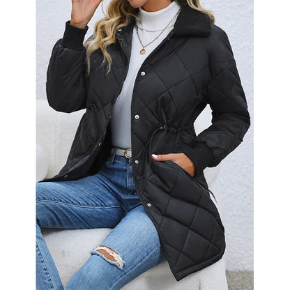 Women's long winter coat with button closure, waist tie, and straight cu