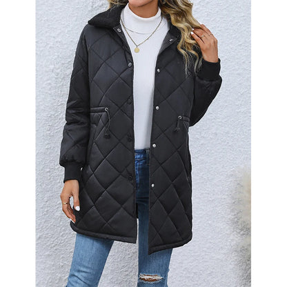 Women's long winter coat with button closure, waist tie, and straight cu