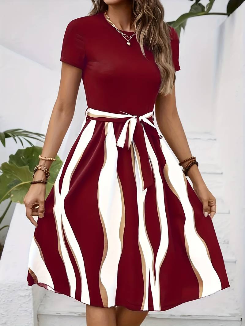Women's A-Line Dress - Short Sleeve Crew Neck - Waist Tie - Striped Pattern