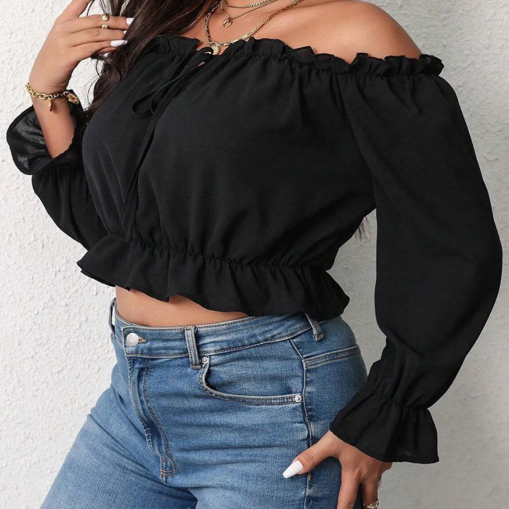 Women's Off-Shoulder Blouse - Ruffled Neckline - Long Puff Sleeves - Lightweight Fit