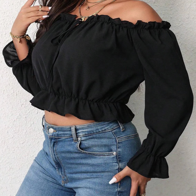 Women's Off-Shoulder Blouse - Ruffled Neckline - Long Puff Sleeves - Lightweight Fit