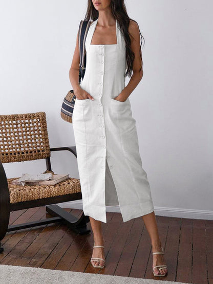Women's Halter Neck Maxi Dress - Button Down - Sleeveless Fitted Silhouette - Front Slit