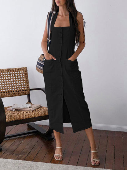 Women's Halter Neck Maxi Dress - Button Down - Sleeveless Fitted Silhouette - Front Slit