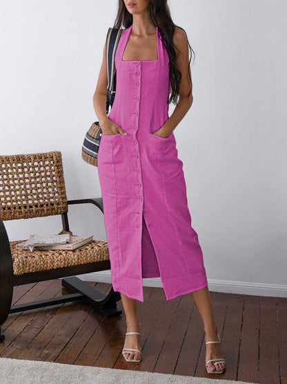 Women's Halter Neck Maxi Dress - Button Down - Sleeveless Fitted Silhouette - Front Slit