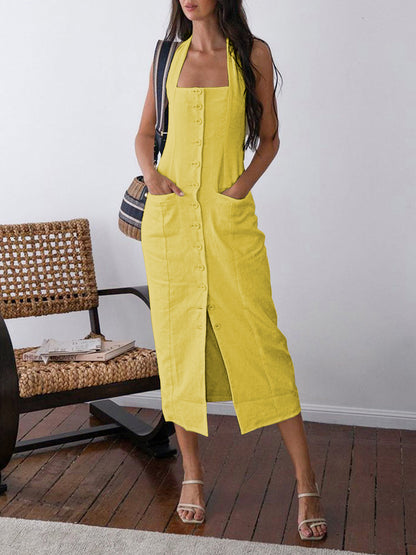 Women's Halter Neck Maxi Dress - Button Down - Sleeveless Fitted Silhouette - Front Slit