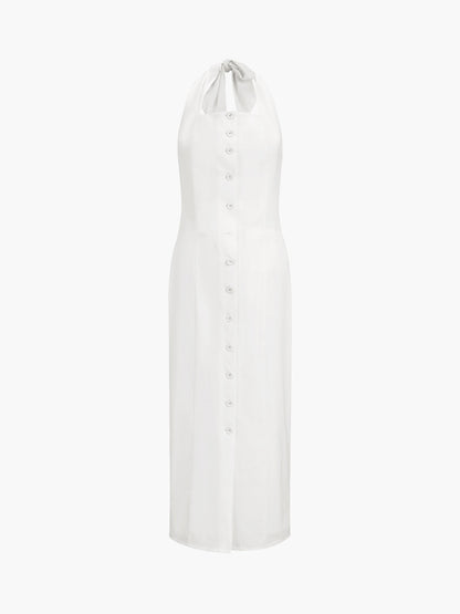 Women's Halter Neck Maxi Dress - Button Down - Sleeveless Fitted Silhouette - Front Slit