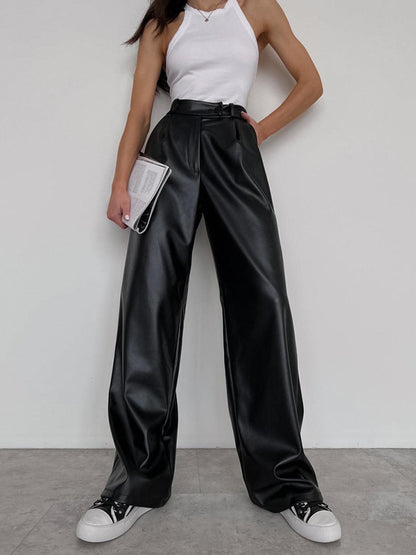 Women's High-Waisted Wide-Leg Leather Trousers - Tailored Fit - Pleated Elegant Design