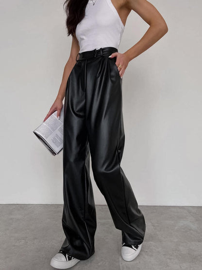 Women's High-Waisted Wide-Leg Leather Trousers - Tailored Fit - Pleated Elegant Design