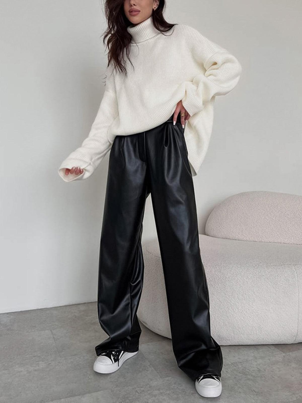 Women's High-Waisted Wide-Leg Leather Trousers - Tailored Fit - Pleated Elegant Design