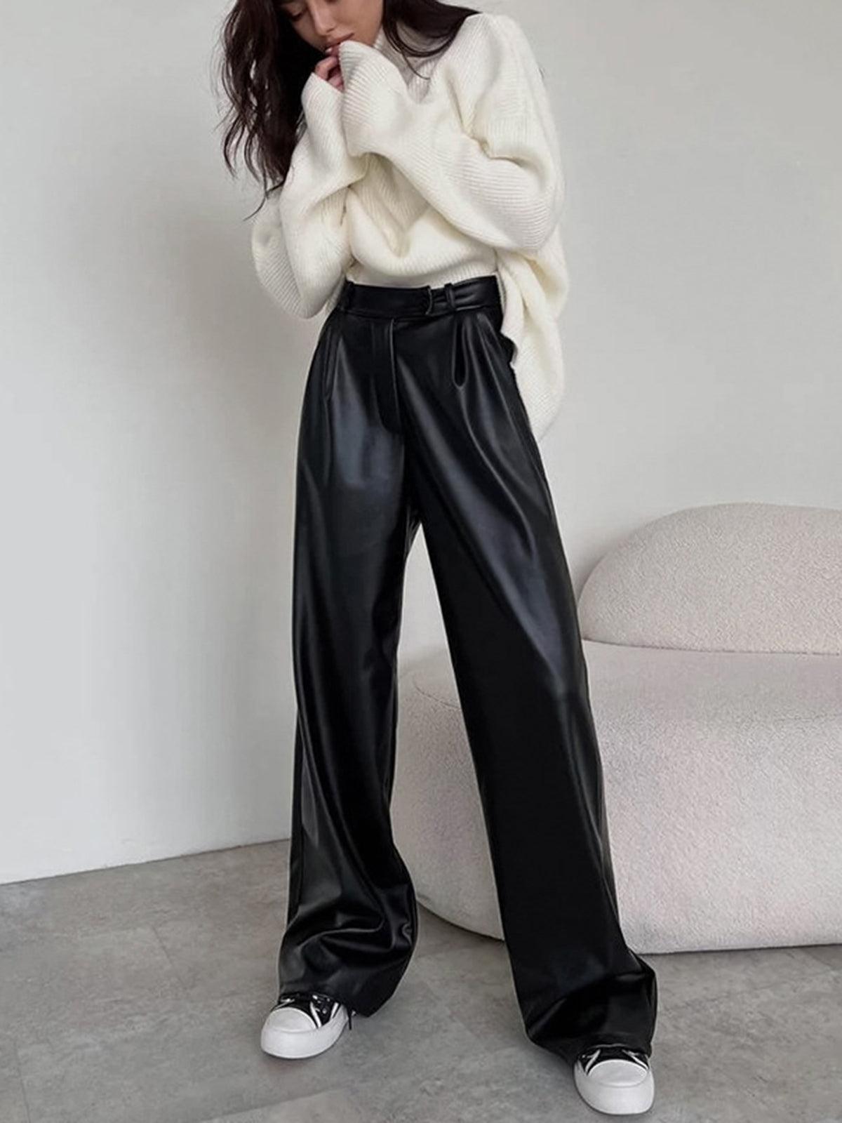 Women's High-Waisted Wide-Leg Leather Trousers - Tailored Fit - Pleated Elegant Design